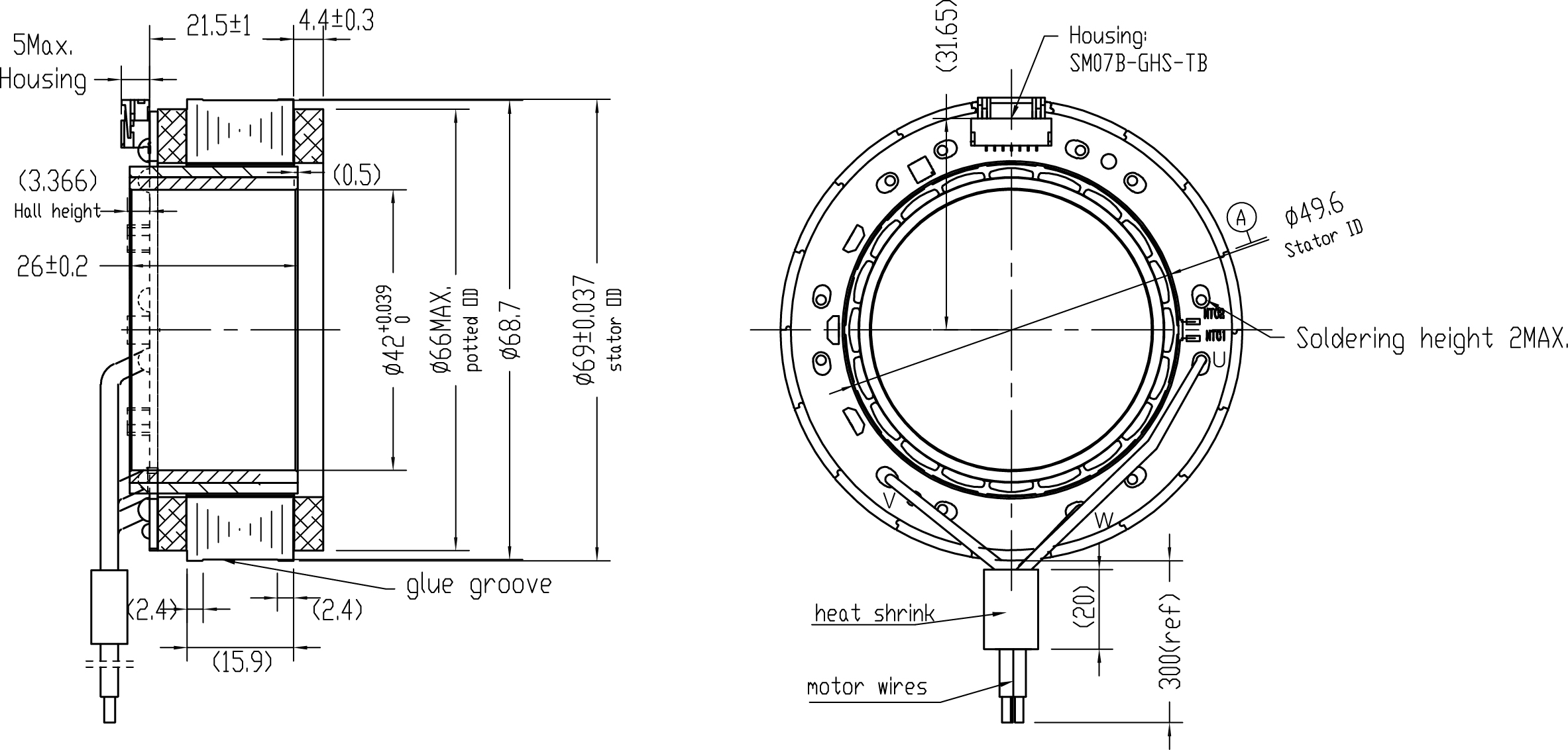 Frameless Motor Size 50mm Dimensional Drawing
